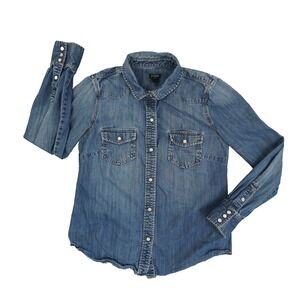 J. Crew Denim Pearl Snap Shirt Women's Small Blue Long Sleeve Western Cowgirl